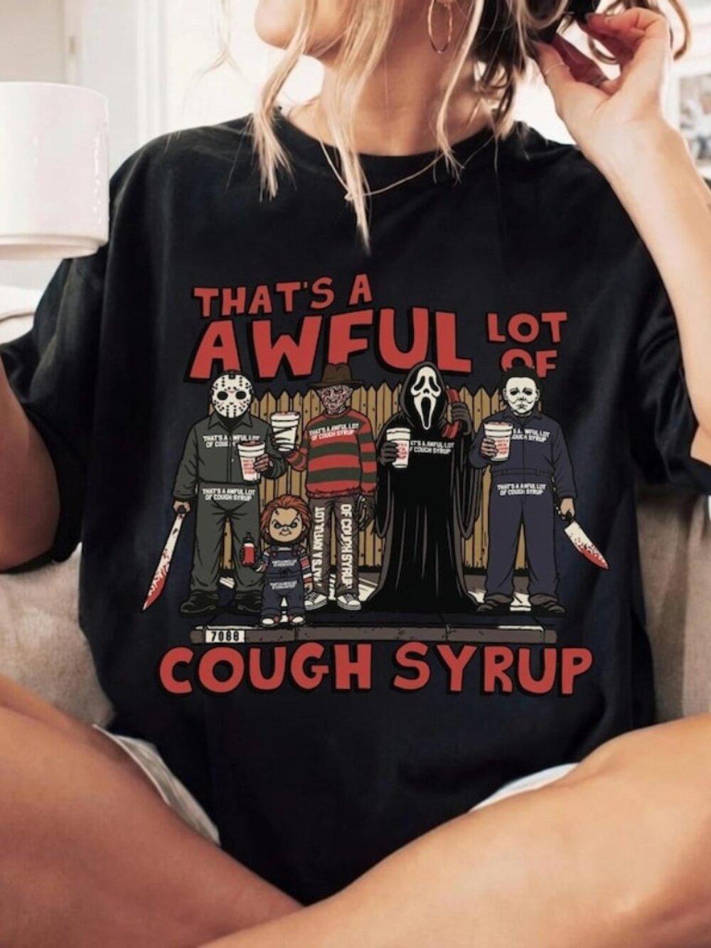 Funny Halloween Cough Syrup Horror Movie Villains Graphic Tee